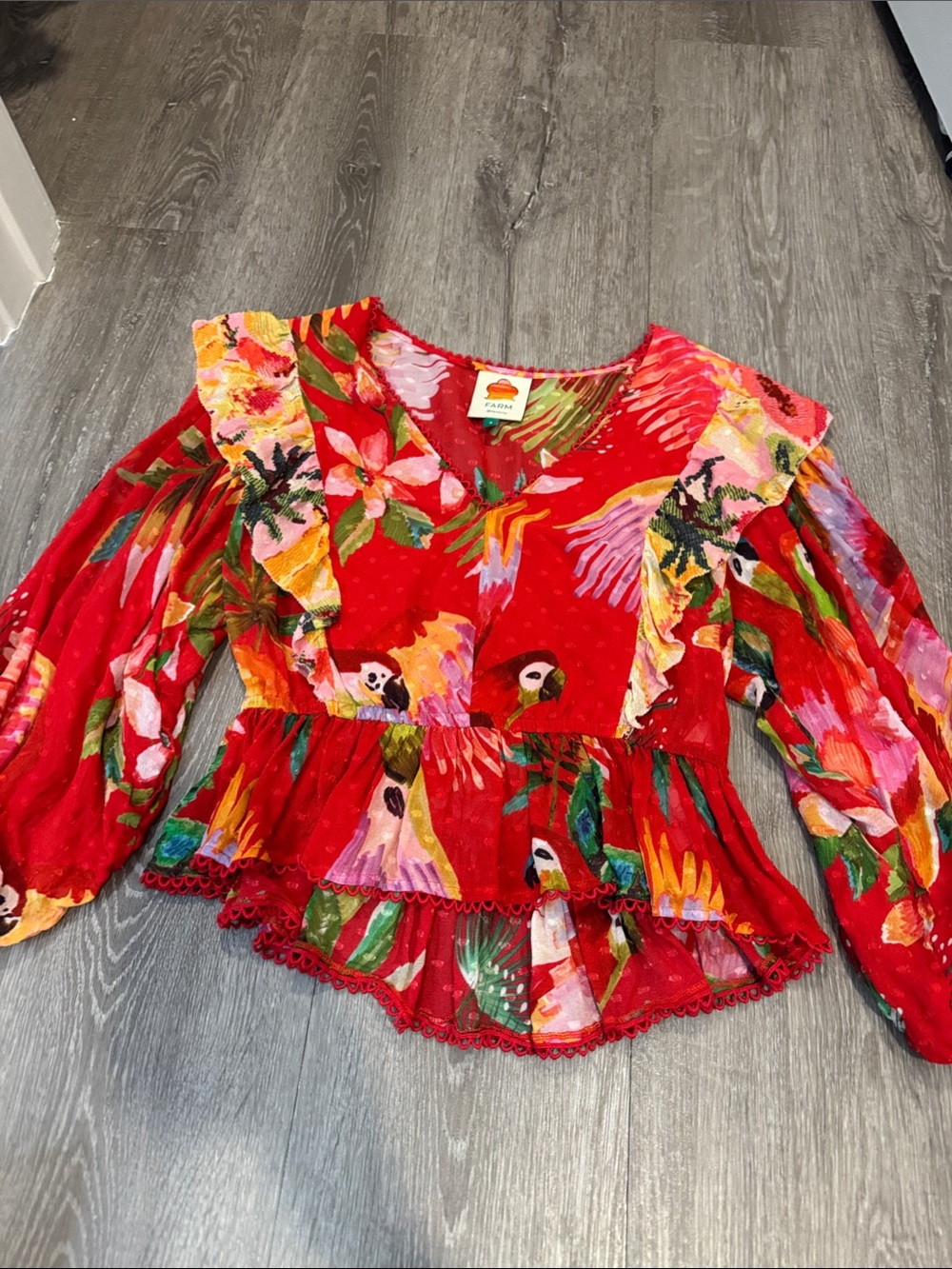 Farm Rio Red Tropical Floral Peplum Top